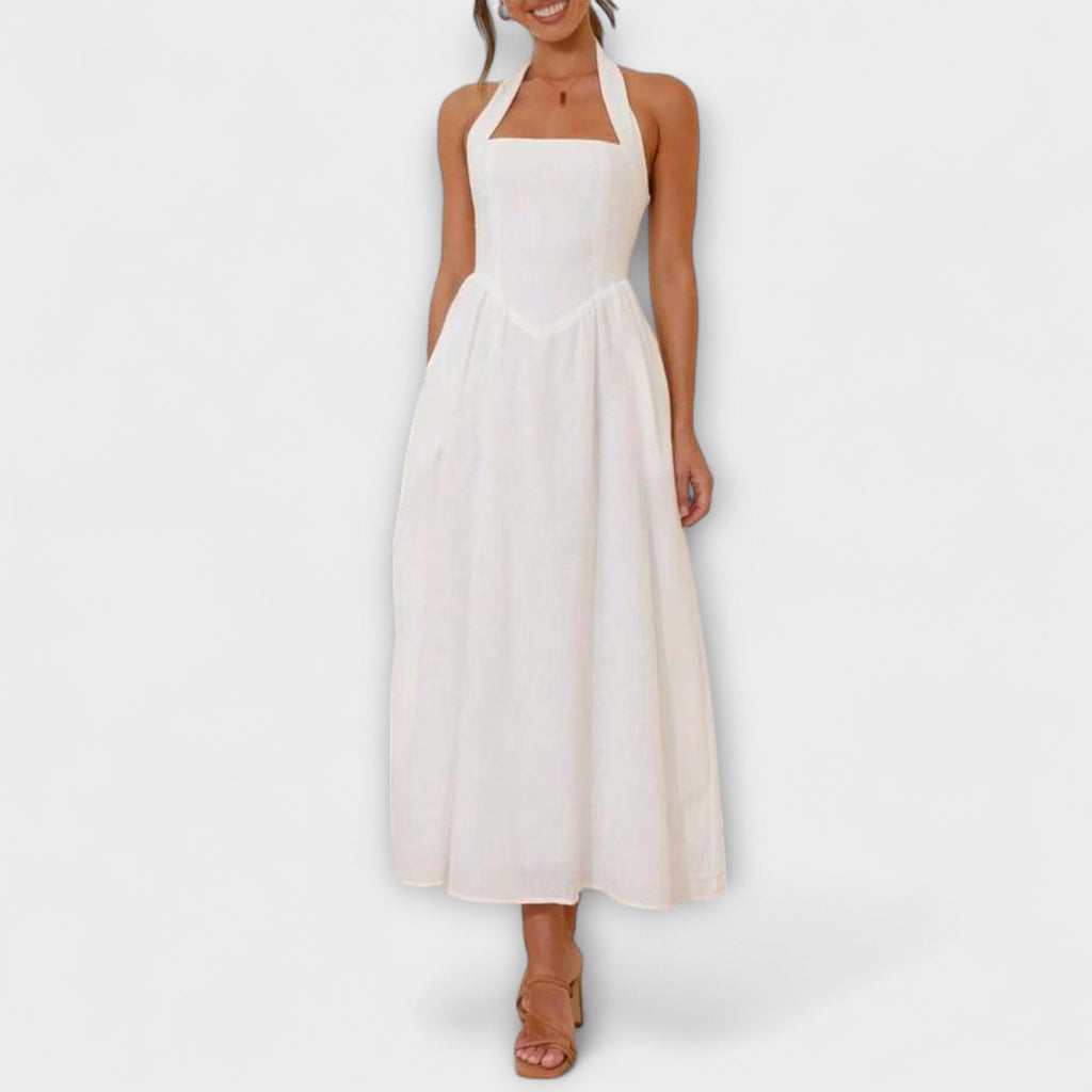 Lydia - Halter jurk van halve lengte met detail in de taille